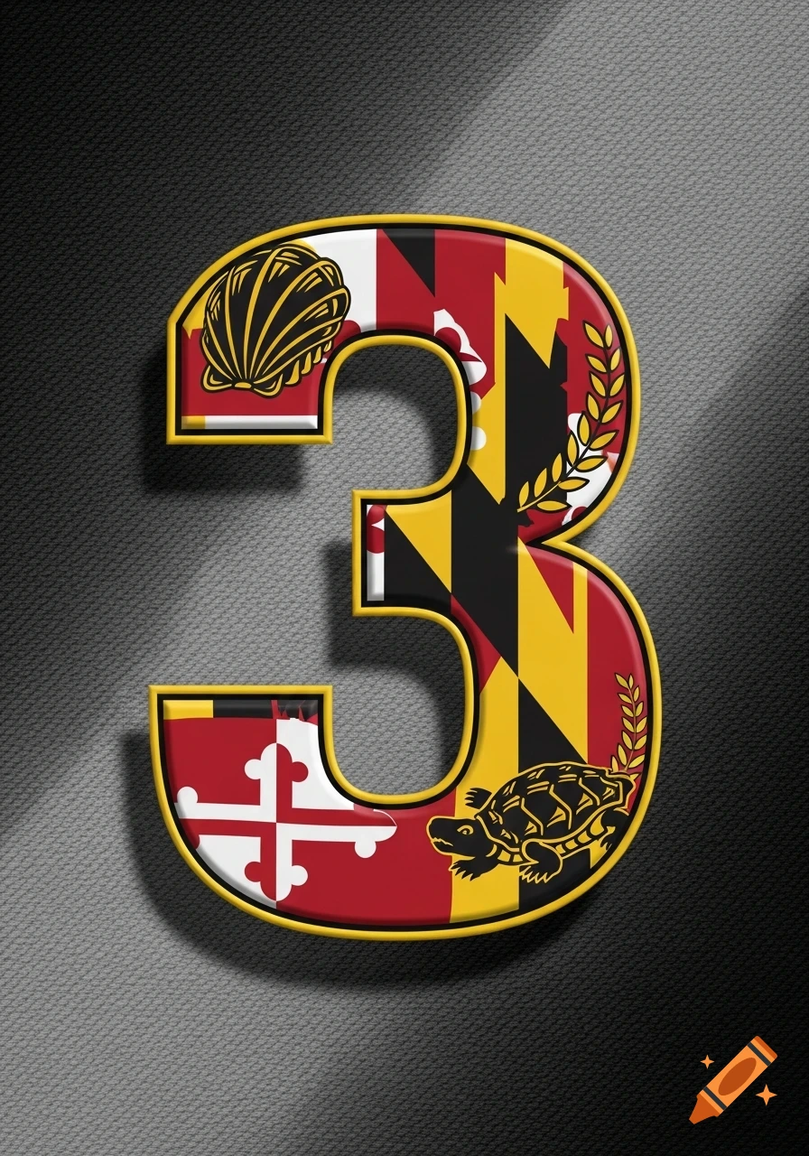 A stylized number 3 filled with the Maryland state flag pattern and featuring a seashell, laurel leaves, and a turtle, on a dark grey textured background.