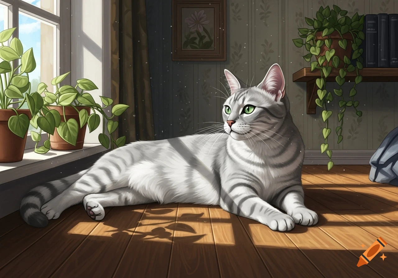 A silver tabby cat with green eyes lies on a sunlit wooden floor in a cozy room with houseplants.