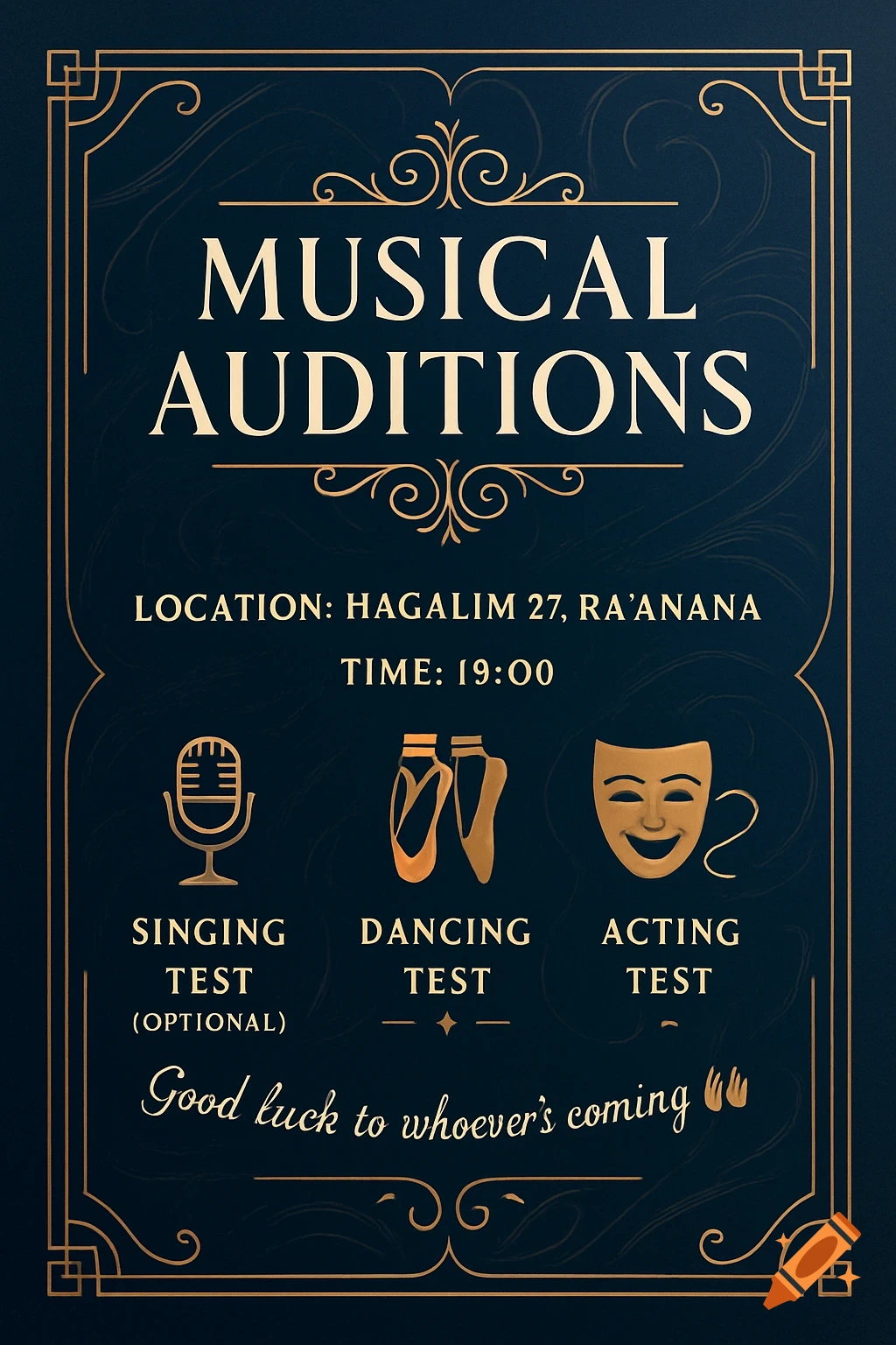 An elegant dark blue flyer with gold accents announces 'MUSICAL AUDITIONS' for singing, dancing, and acting tests, with location and time.