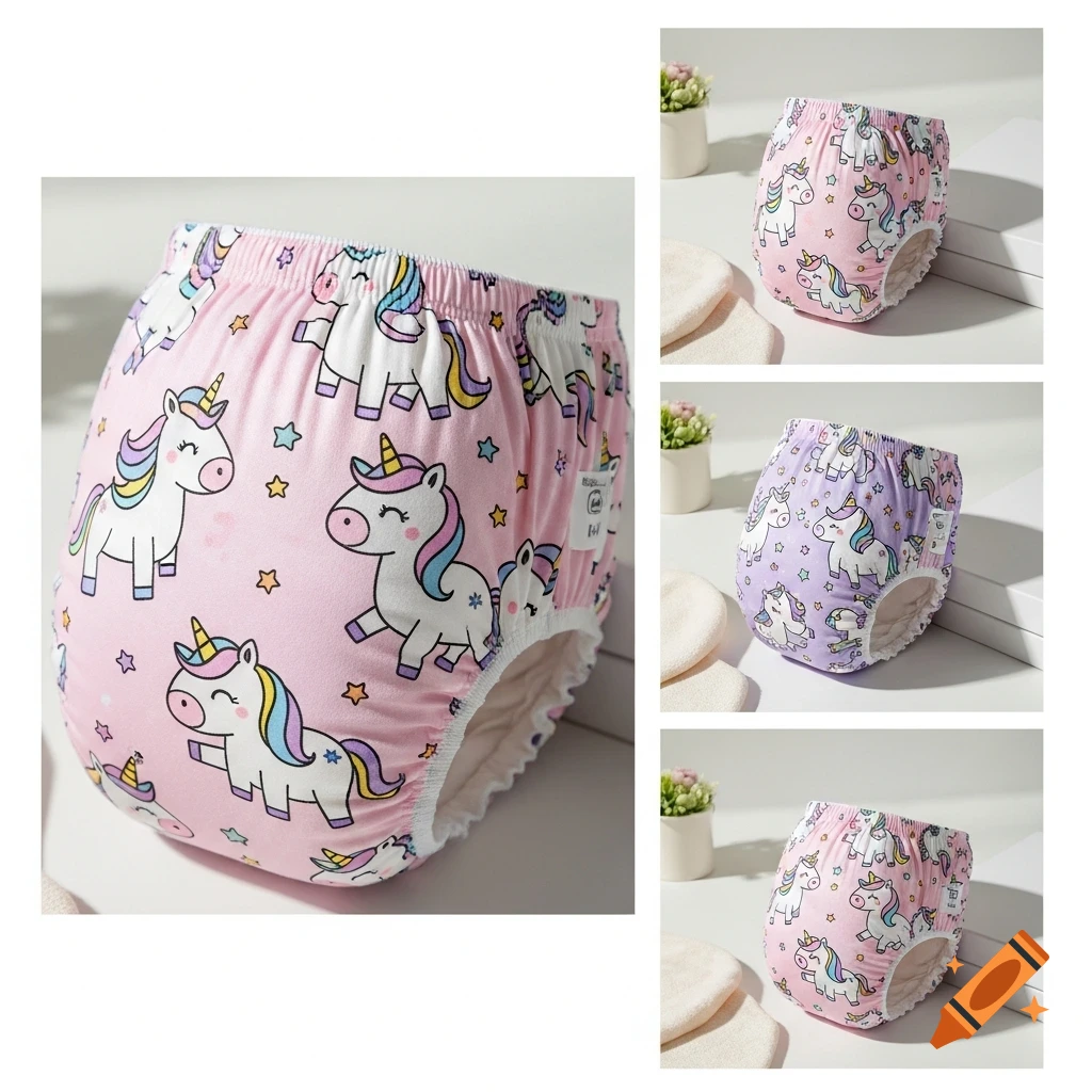 A 2x2 collage of product photos showing pink and purple child's training pants with cartoon unicorn designs.