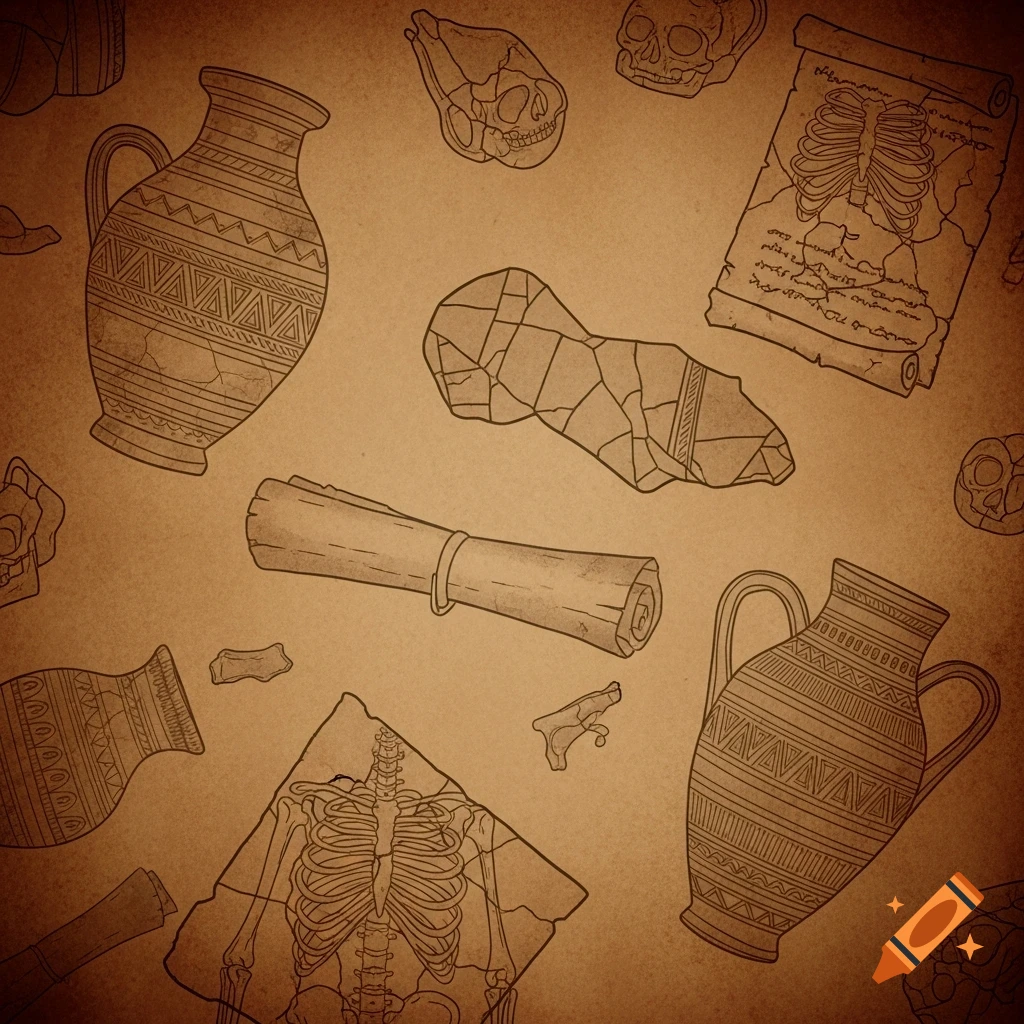 Illustration of archaeological artifacts including pottery, skulls, fragments, and scrolls on a brown background.
