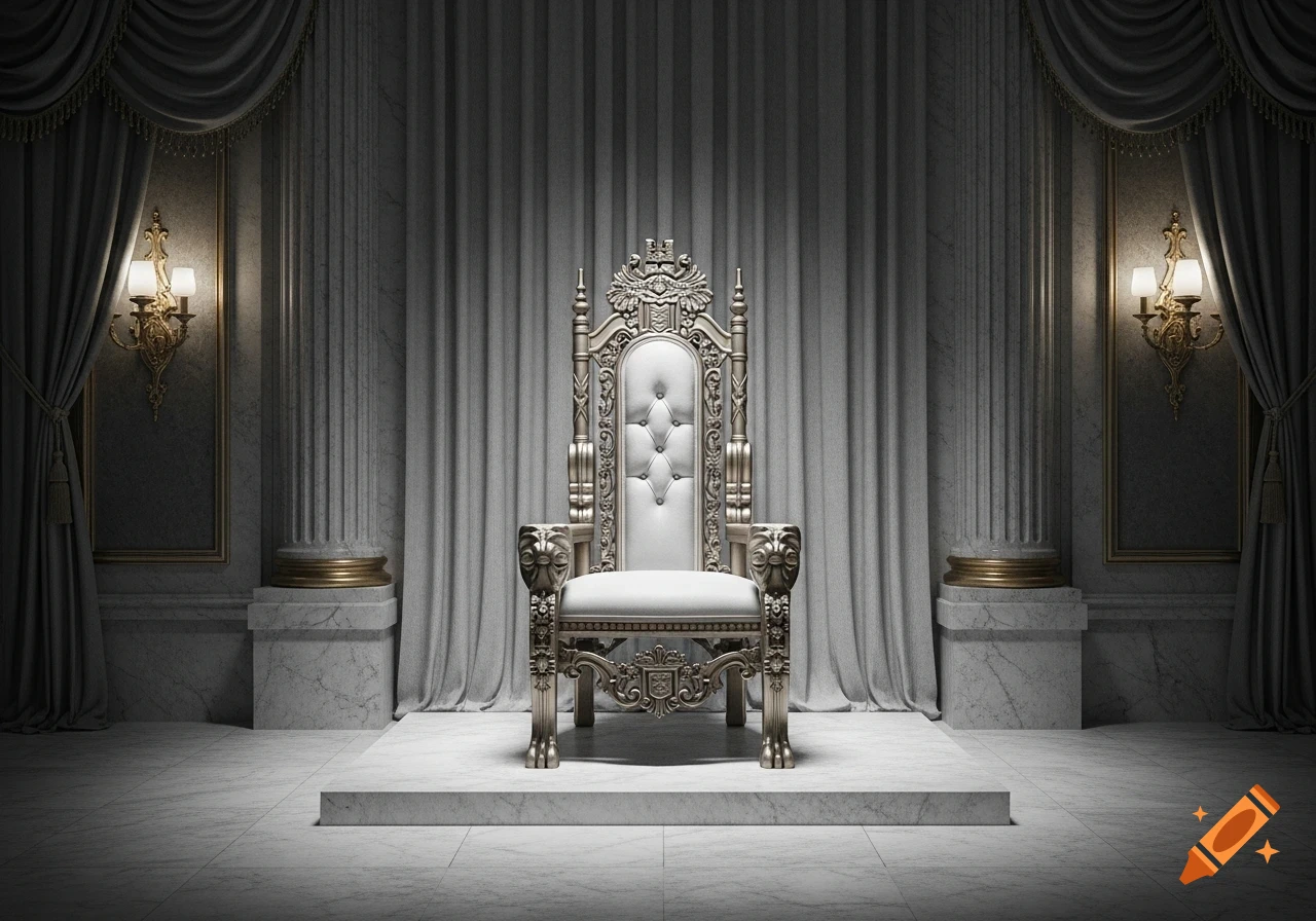 An ornate silver throne with white upholstery sits on a raised marble platform in a grand room with gray draped curtains, columns, and sconces.