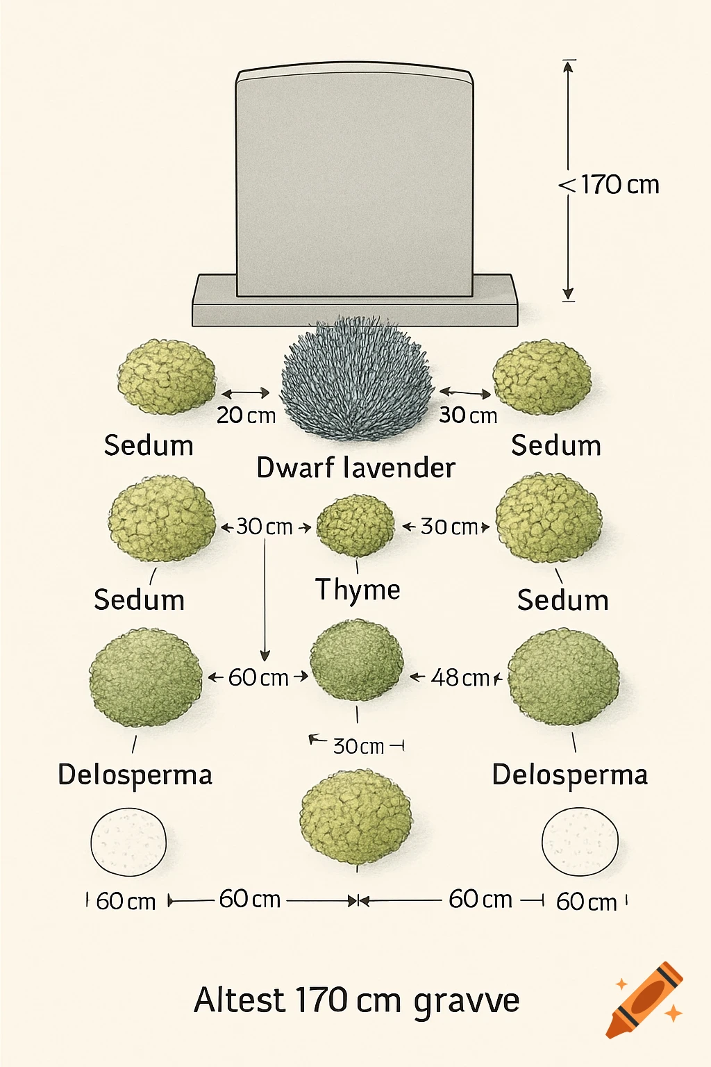 A planting diagram showing various plants like Sedum, Dwarf Lavender, Thyme, and Delosperma arranged around a gravestone, with measurements in centimeters.