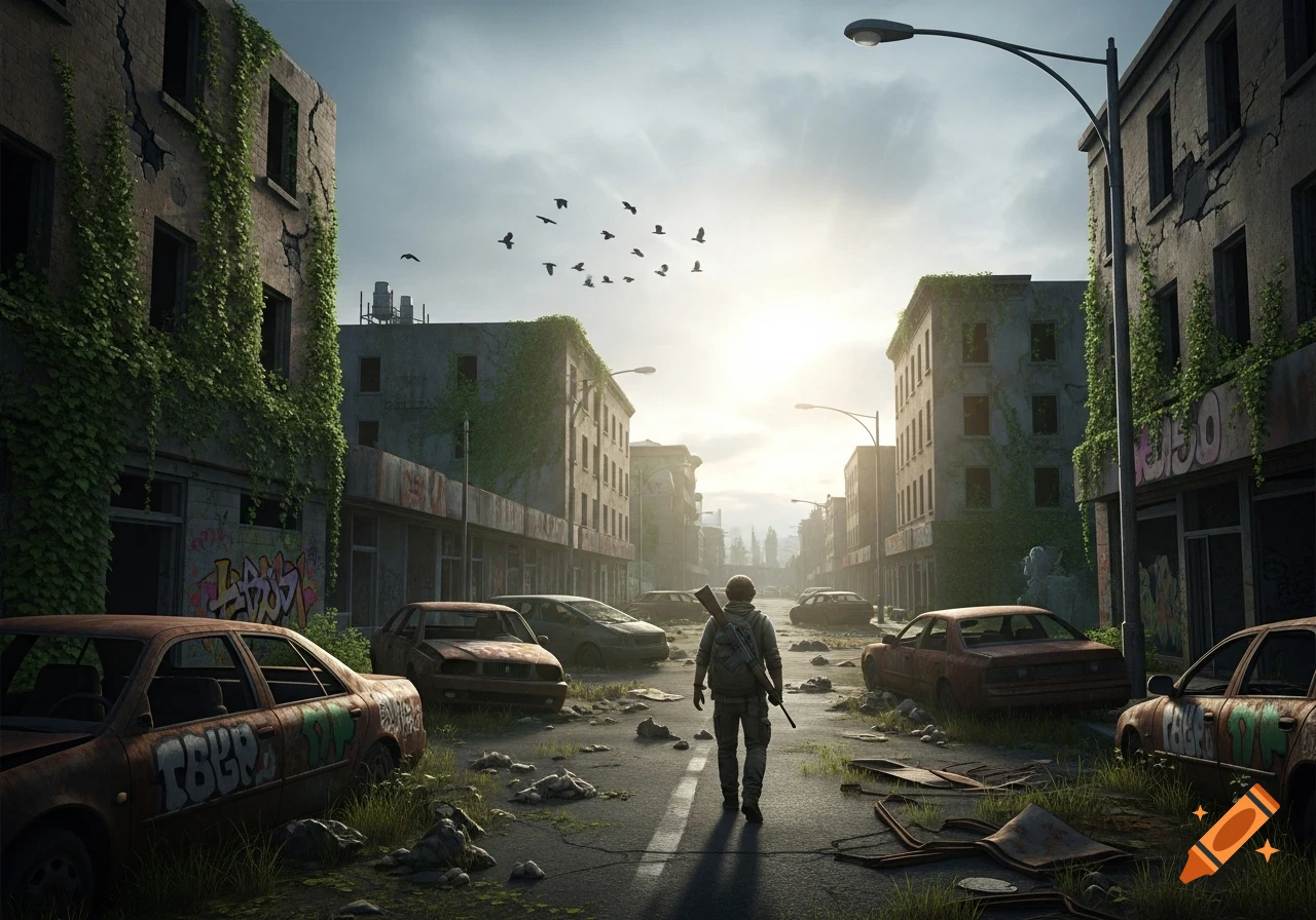 A lone figure walks down a post-apocalyptic street with overgrown buildings and abandoned, rusty cars under a bright sky, in a photorealistic style.