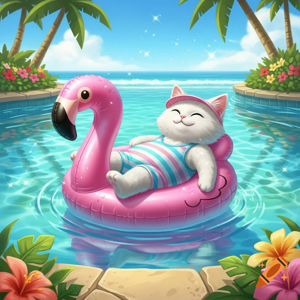 A cute cartoon white cat in a striped swimsuit and pink cap, happily floating on a pink flamingo inflatable in a bright blue pool with palm trees.