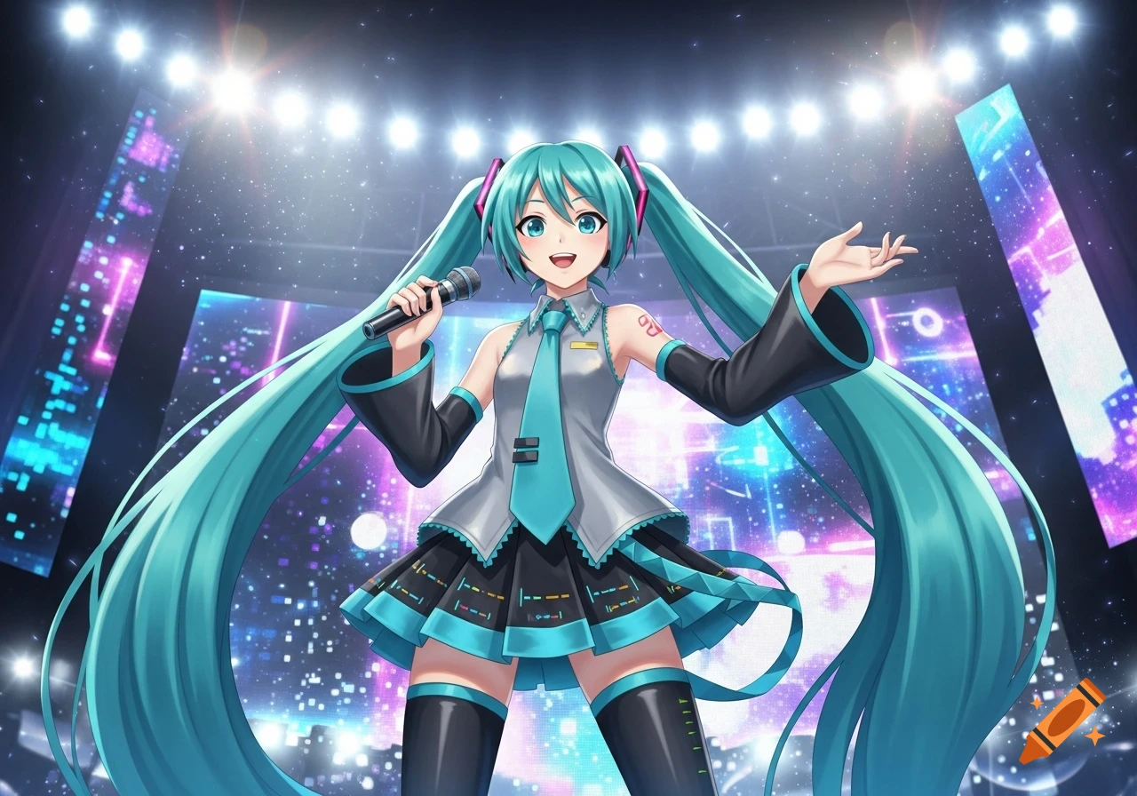 Anime-style Hatsune Miku on stage, holding a microphone, with bright spotlights and colorful digital screens in the background.