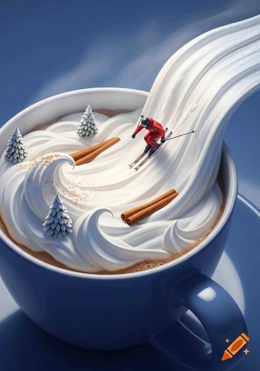 A miniature skier in red skis down a swirl of white cream inside a blue mug, decorated with small evergreen trees and cinnamon sticks. A stream of cream flows into the mug.