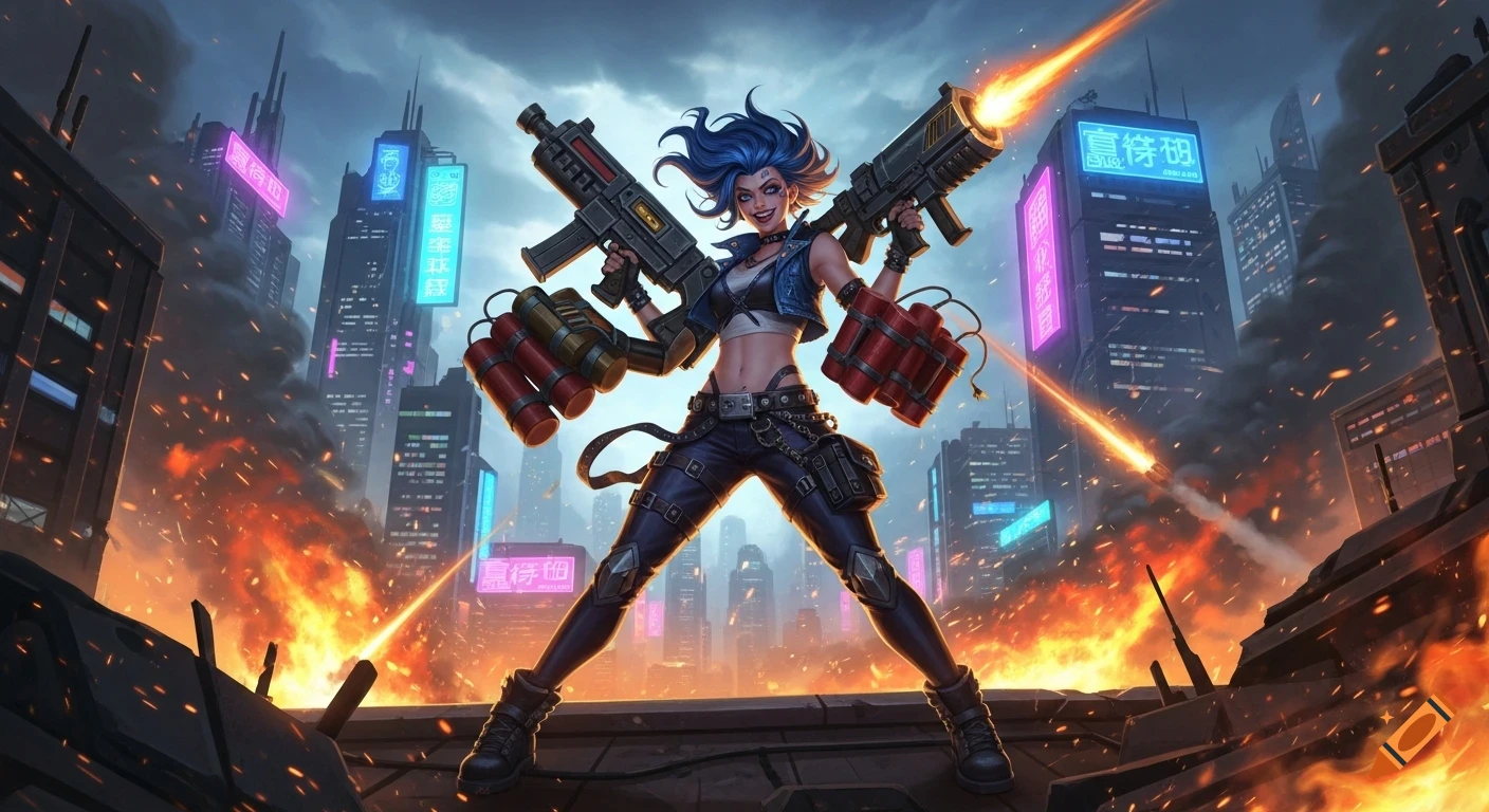 A mischievous, blue-haired woman with large weapons and explosives grins in a burning, futuristic city with neon signs, in a stylized, high-detail illustration.