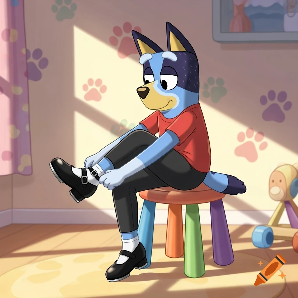 Bluey Heeler, a blue anthropomorphic dog, sits on a colorful stool, buckling black Mary Jane tap shoes in a room with paw print wallpaper.