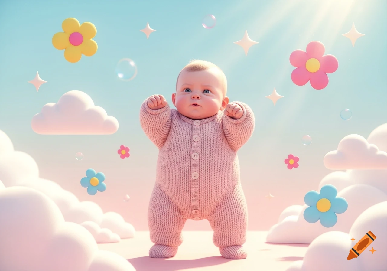 A cute baby in a pink knitted romper stands with arms up against a whimsical sky background with clouds, flowers, stars, and bubbles.