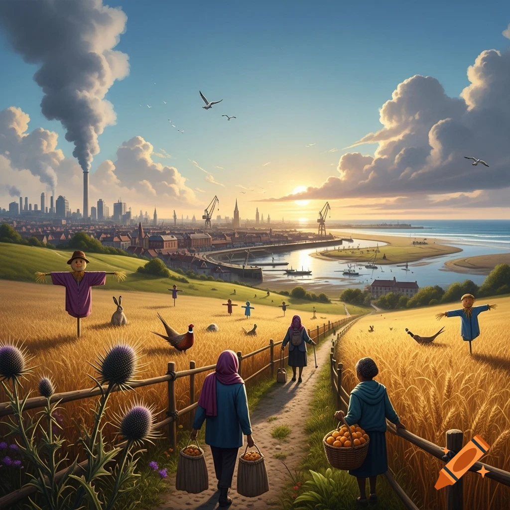 Two people walk a path through golden fields with scarecrows, overlooking an industrial city by a wide river at sunset.