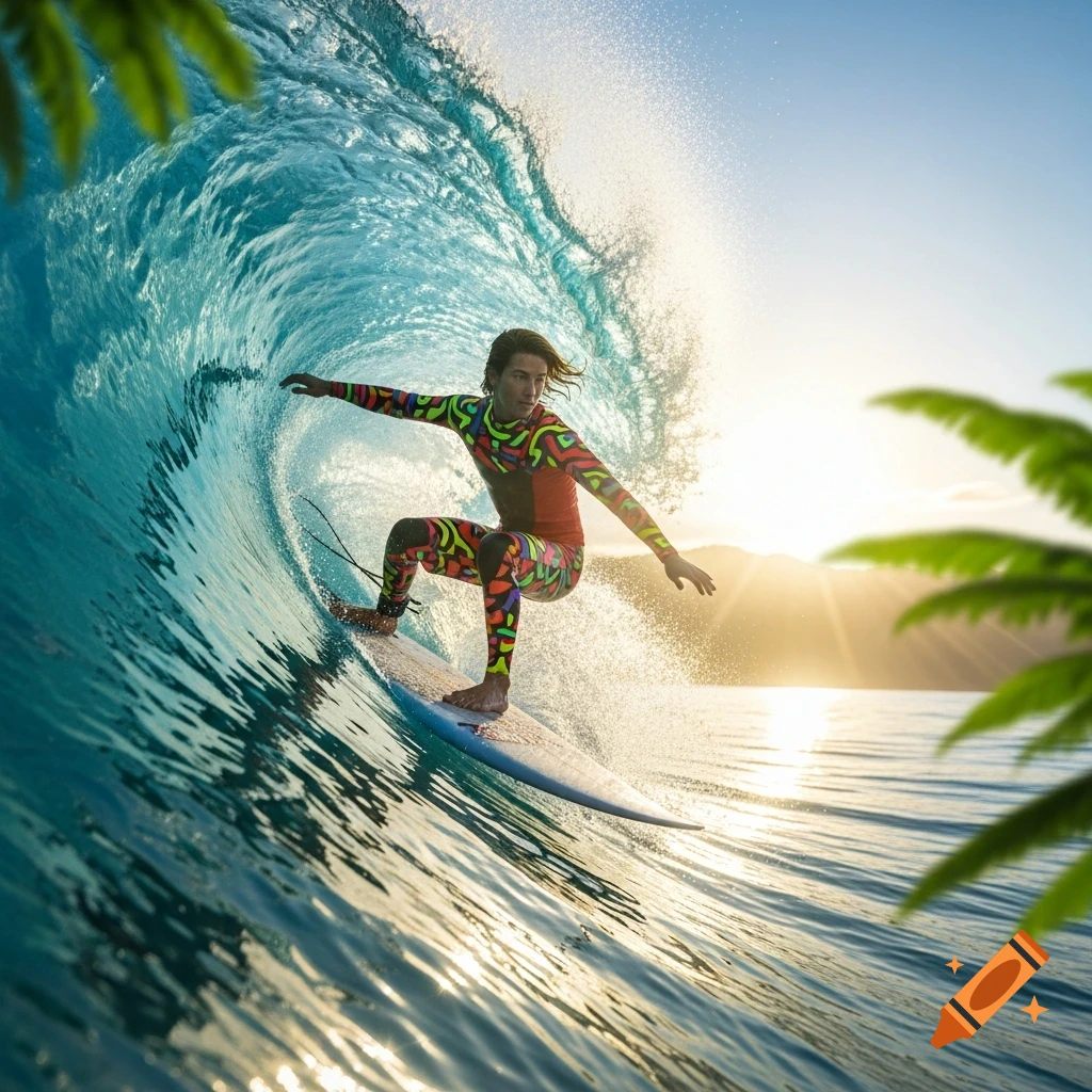 A person in a colorful wetsuit surfs inside a large barrel wave at sunset, with palm fronds in the foreground.