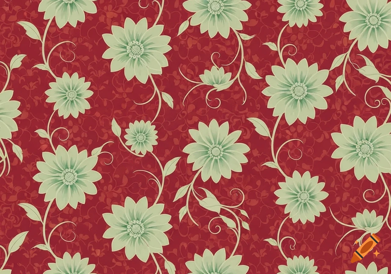 Retro seamless pattern with mint green flowers and swirling vines on a deep cherry red background.