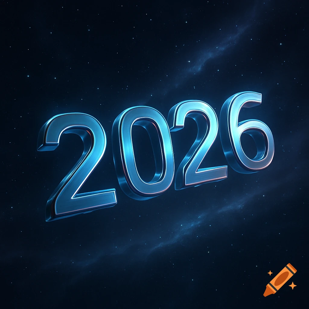 Metallic blue 3D numbers '2026' floating in a dark, starry cosmic background.