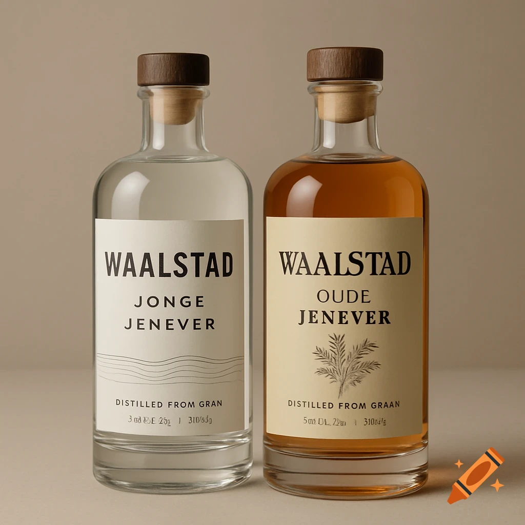 Two artisanal Dutch jenever bottles, one clear 'Jonge Jenever' and one amber 'Oude Jenever', stand side by side on a neutral background in a photorealistic style.