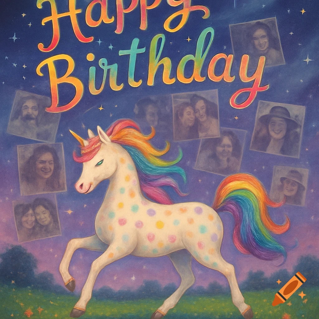 A whimsical illustration with "Happy Birthday" text, a polka-dotted unicorn with rainbow mane, and floating photos of people under a starry sky.