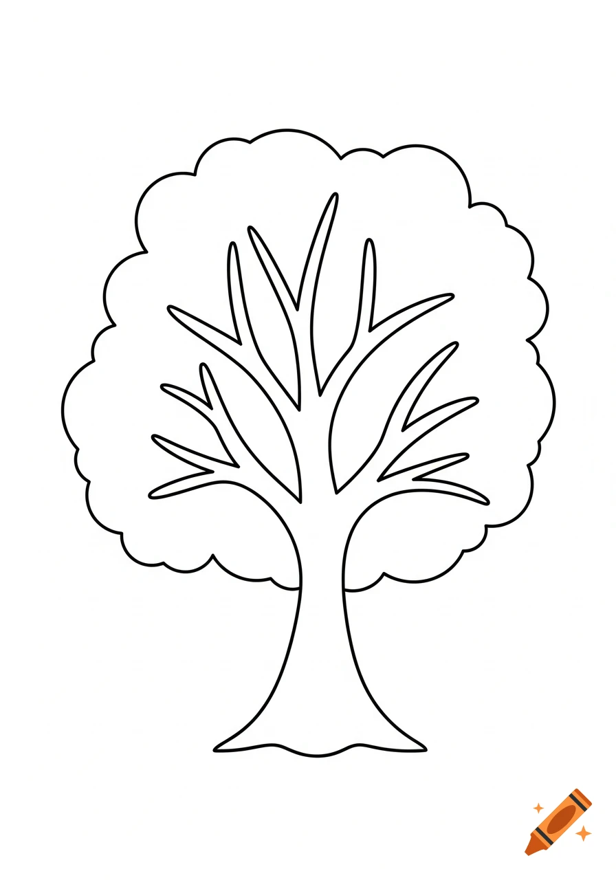 A minimalist, black outline drawing of a tree with a broad trunk and sprawling branches on a white background, suitable for coloring.