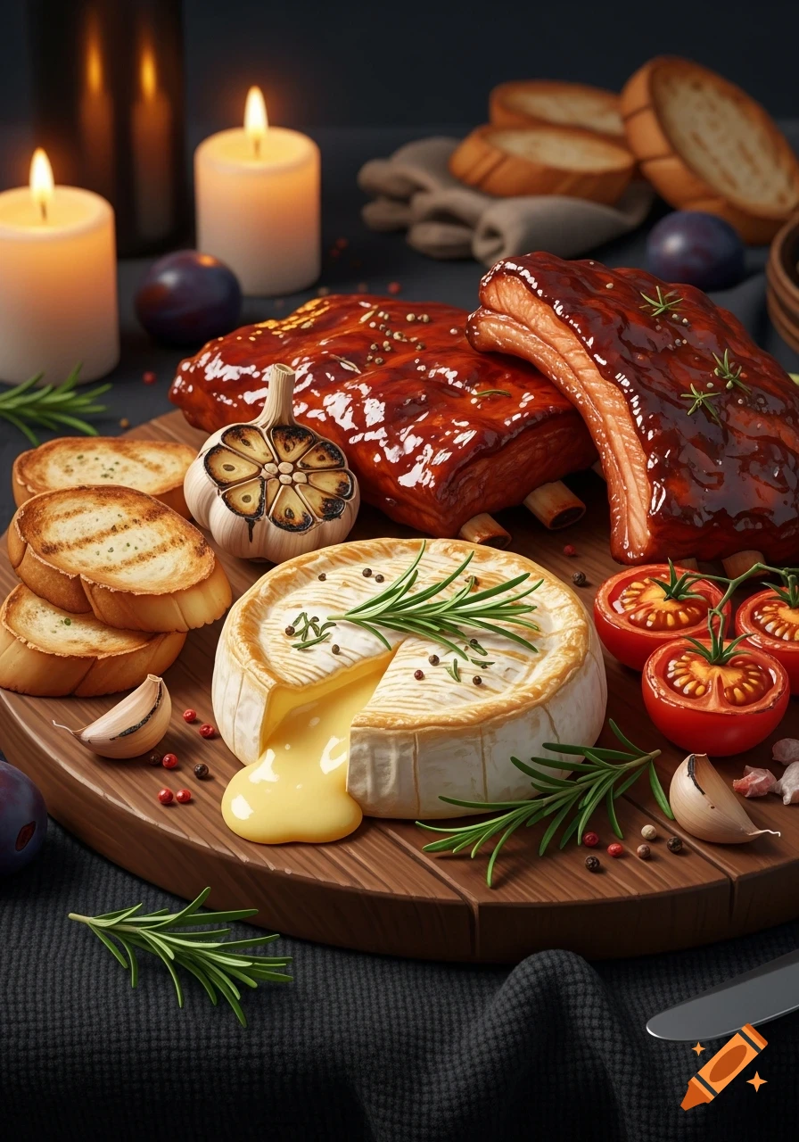 Baked camembert with melted cheese, glazed ribs, roasted garlic, bread, and tomatoes on a wooden board, with lit candles.
