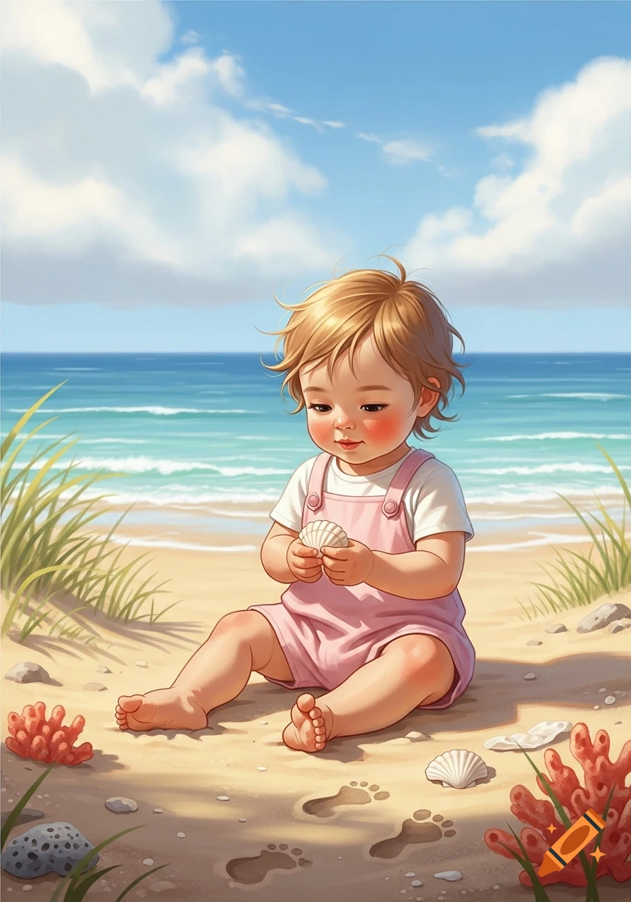 An illustration of a cute baby in pink overalls sitting on a sandy beach, holding a seashell.