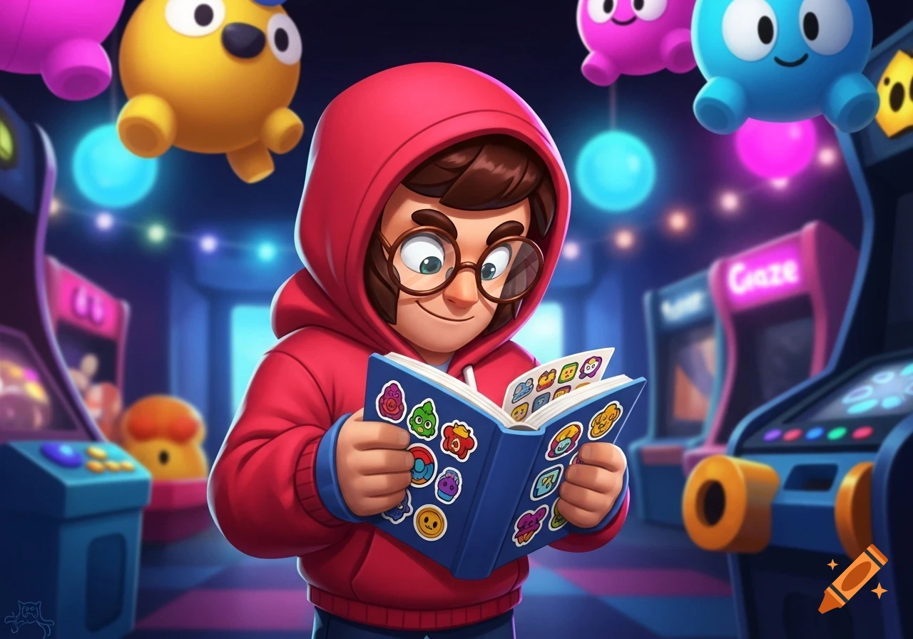 A cartoon boy in a red hoodie and glasses reads a sticker album in a vibrant arcade with floating plush toys and arcade machines.
