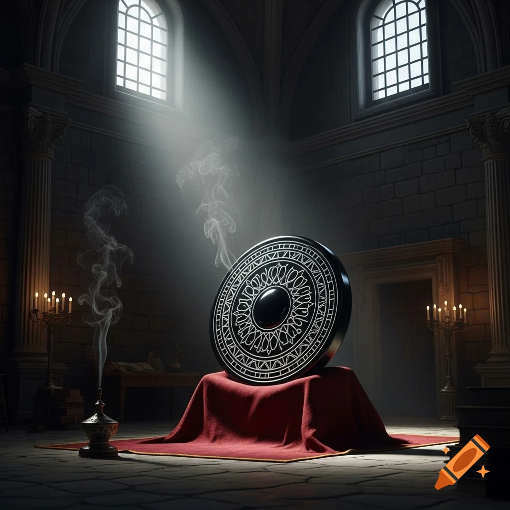 A large black medallion with white patterns on a red cloth in a dark, ancient stone room with sunbeams, incense, and candles.