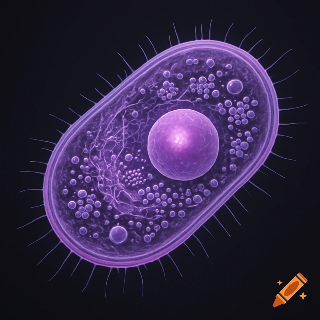 A detailed, glowing purple bacterial cell with internal structures and a nucleus, viewed against a dark background.