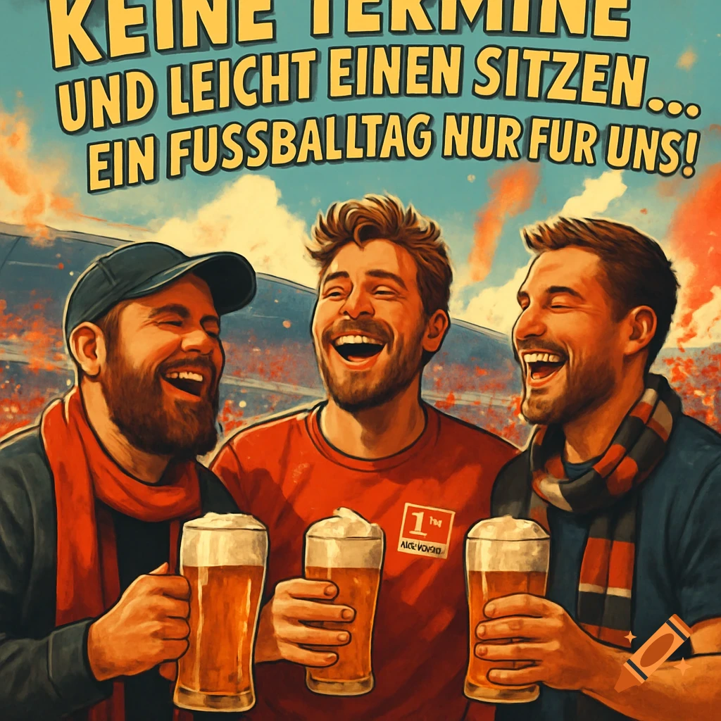 Three laughing men holding beers at a football stadium, with a festive red haze in the background and German text overhead.
