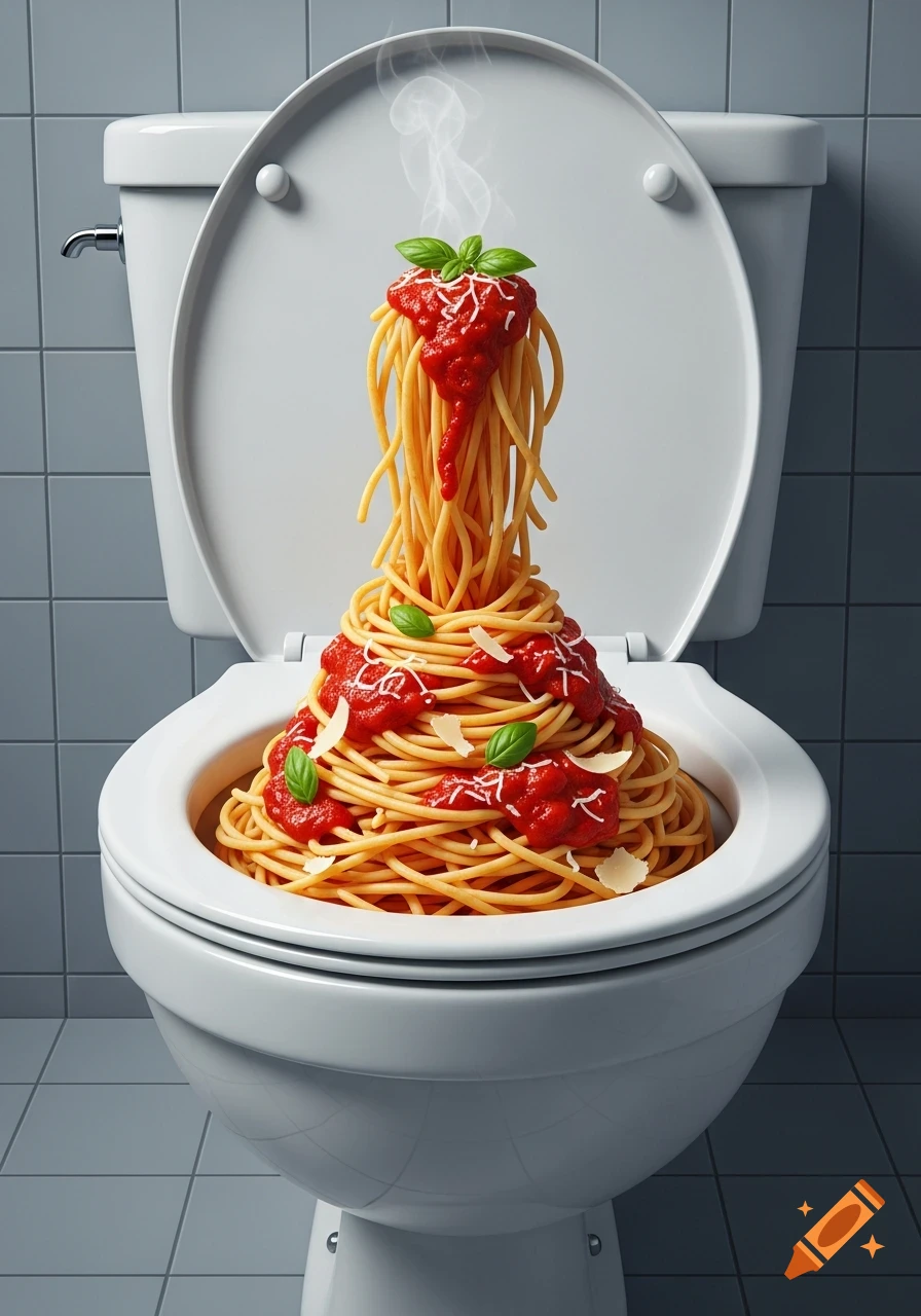 Photorealistic image of a steaming pile of spaghetti with red sauce, basil, and cheese in a white toilet bowl.