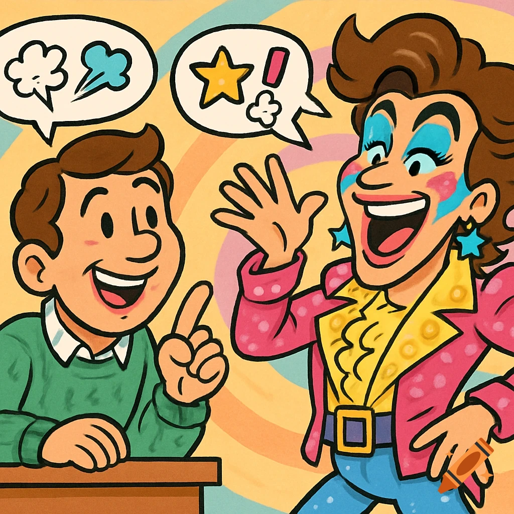 A comedic Saturday-morning cartoon of a smiling man in a green sweater talking to an 80s pop star in flamboyant clothes, with speech bubbles.
