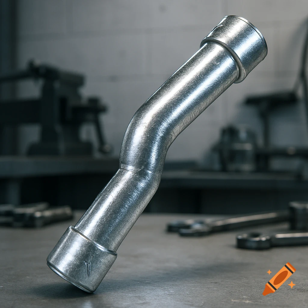 A shiny, bent galvanized metal pipe stands upright on a workbench, with blurred tools and machinery in the background.