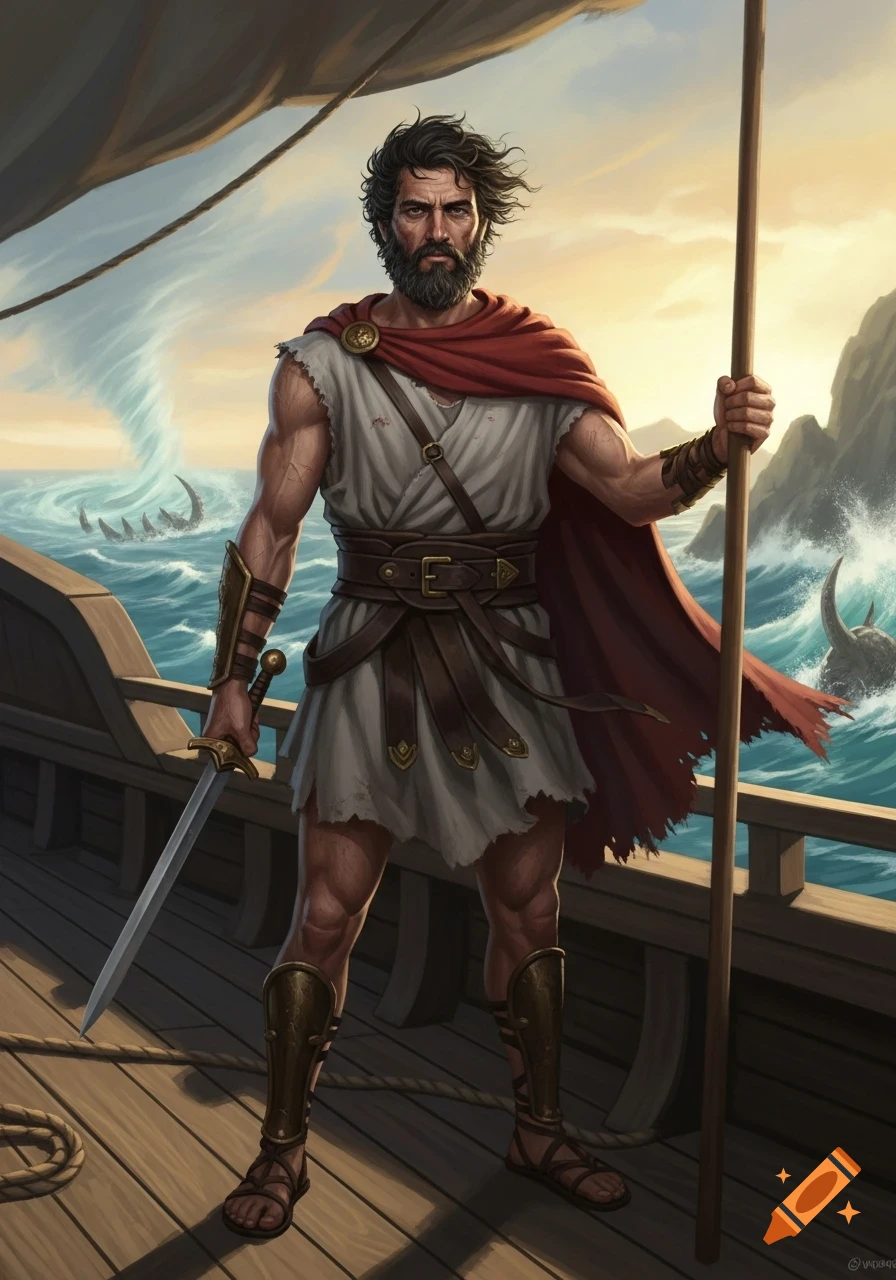 A bearded Greek hero with a sword and spear stands on a ship's deck, facing a turbulent sea with a distant whirlpool and monsters.