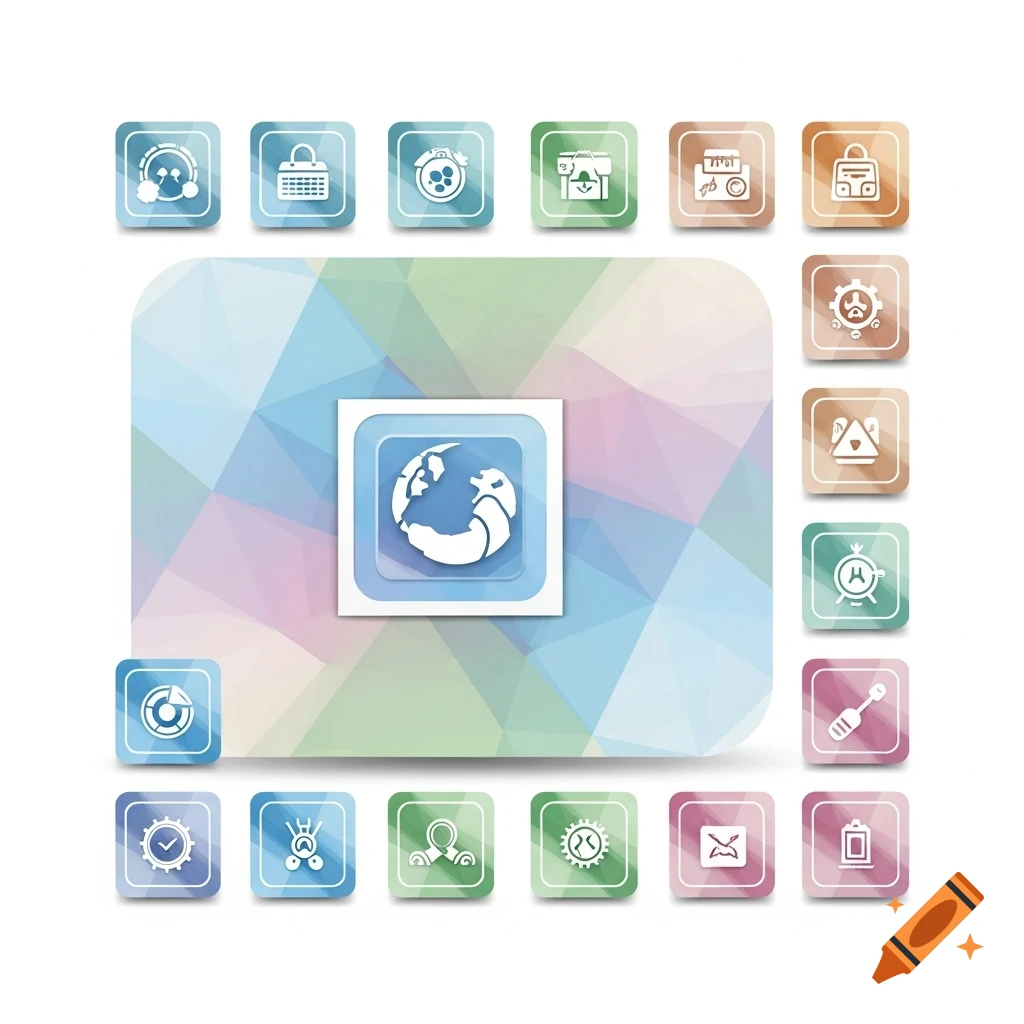 A grid of stylized square digital icons on a geometric background, featuring a prominent central globe icon and various abstract symbols.