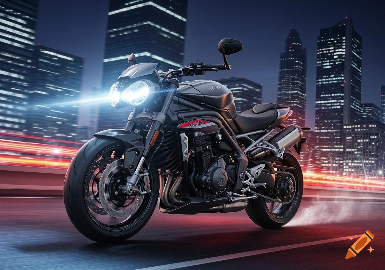 Dark gray motorcycle with bright headlights on a city street at night, motion blur from speed.