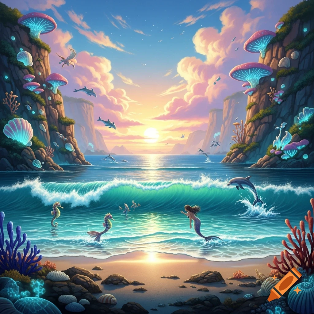 Vibrant fantasy ocean shore at sunset with mermaids, dolphins, seahorses, glowing coral, and mushroom-like formations on cliffs.