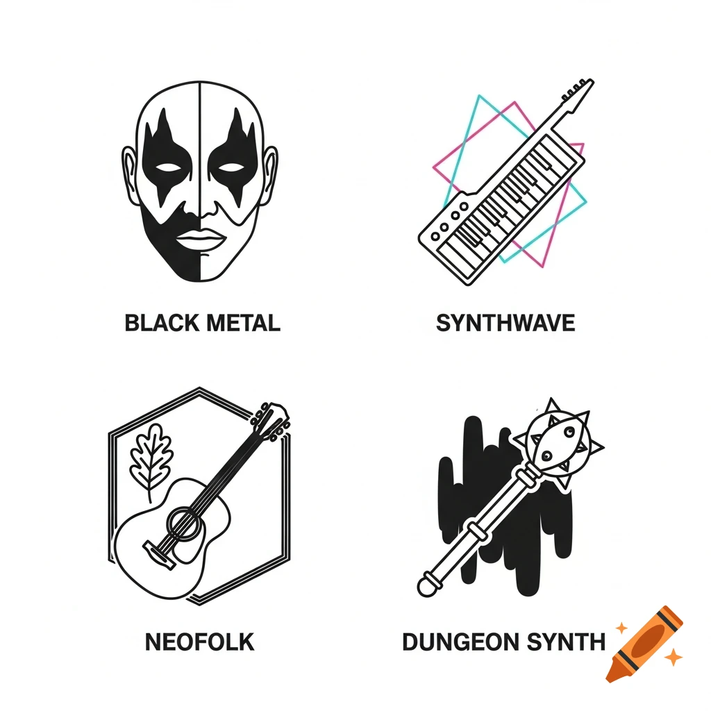 Four line art music genre icons: Black Metal (corpse paint), Synthwave (keytar), Neofolk (acoustic guitar), Dungeon Synth (mace).