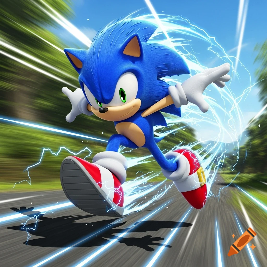 Sonic the Hedgehog dashes at super speed on a road, surrounded by blue lightning, with a blurred forest and sky background.