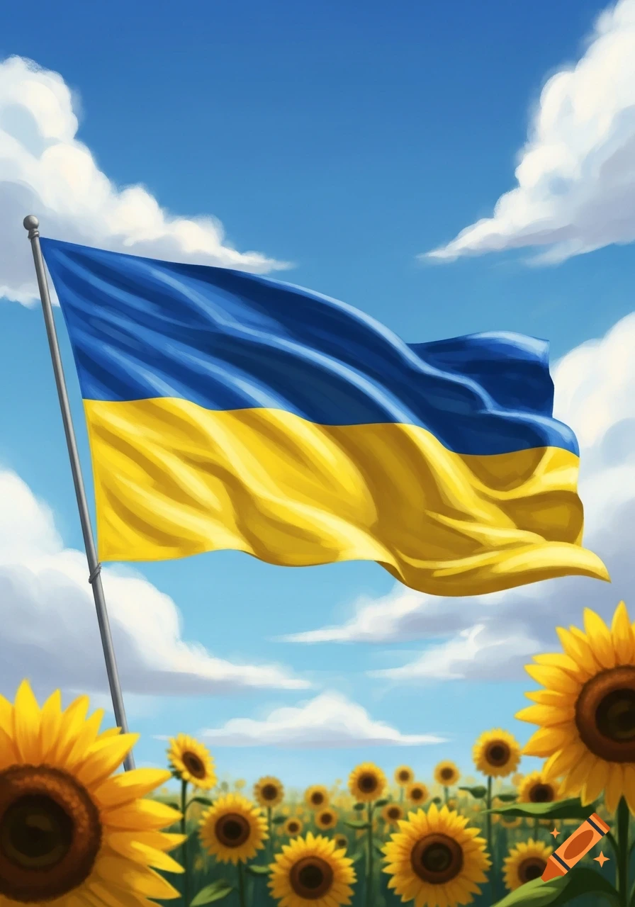 A vibrant illustration of the Ukrainian flag waving over a field of bright yellow sunflowers under a blue sky with white clouds.