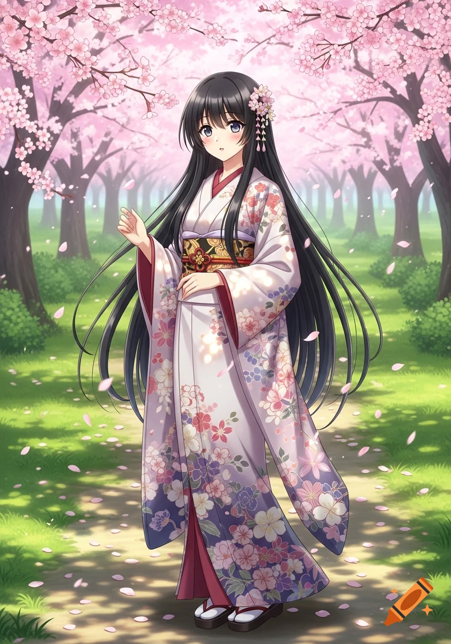 An anime girl with long black hair, wearing a white floral kimono, stands on a path lined with blooming cherry blossom trees.