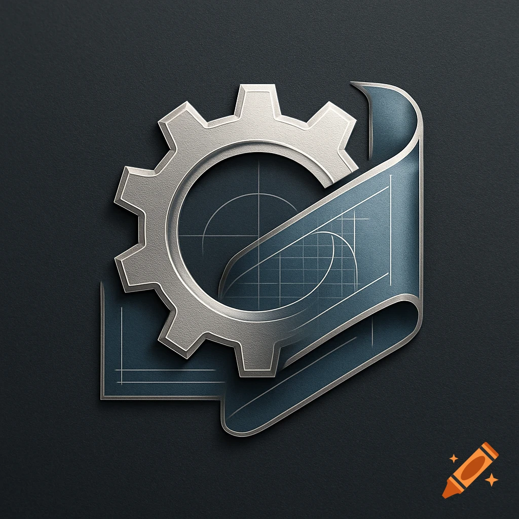 A metallic gear overlapping a curled blue blueprint with technical drawings, on a dark textured background, in an embossed style.
