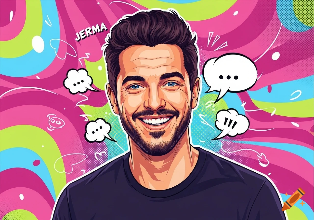 Vibrant cartoon portrait of a smiling man with a beard and blue eyes, with 'JERMA' in the colorful, pop art background.
