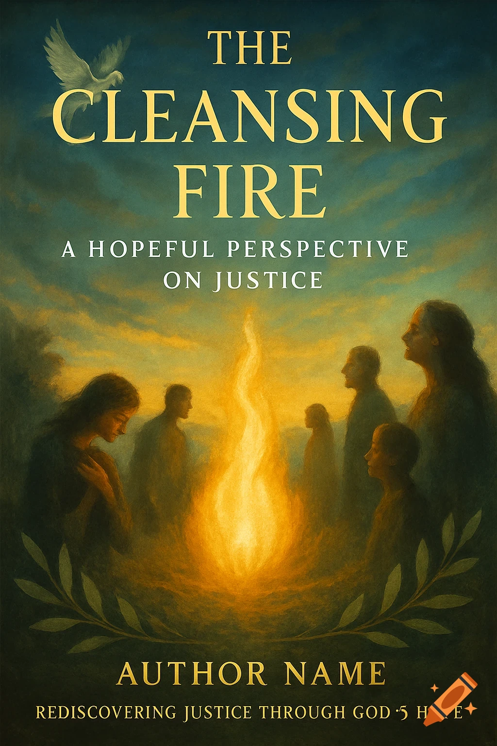 A book cover titled 'The Cleansing Fire' depicts a group of silhouetted figures around a radiant flame, with a dove and olive branches.