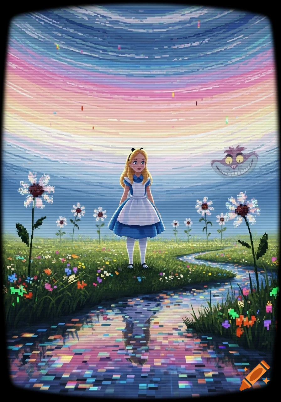 Alice in Wonderland in a pixel art style with CRT screen effects, standing in a field of flowers under a rainbow sky with the Cheshire Cat.