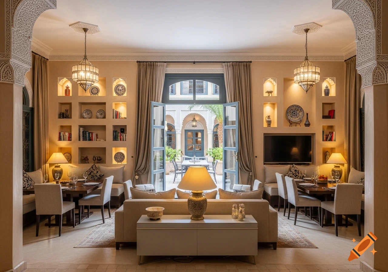 A luxurious Moroccan Riad living room with dining tables, sofas, ornate chandeliers, and niches, opening to a patio.