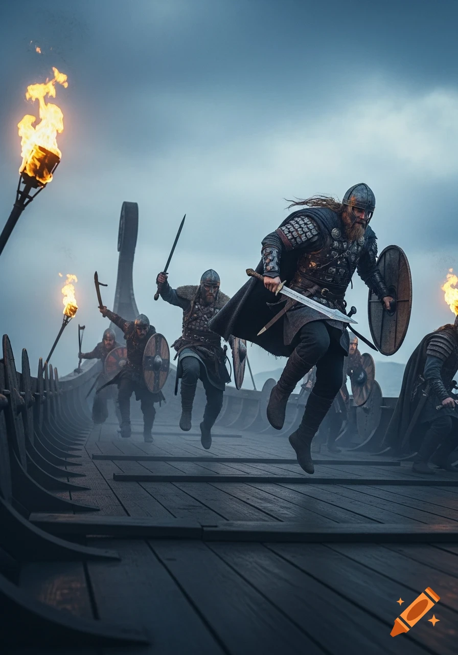 Photorealistic image of fierce Vikings with swords and shields leaping on a longship's deck under a gloomy sky, lit by torches.
