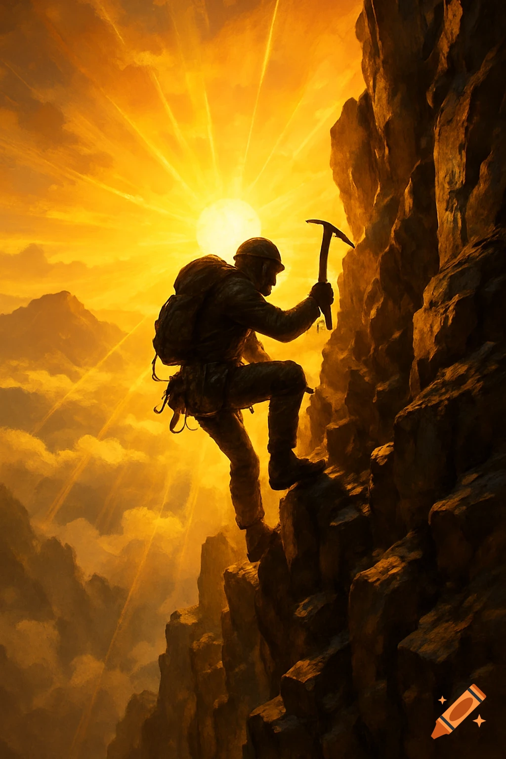 Silhouette of a climber ascending a rocky mountain at sunset, holding an ice axe.