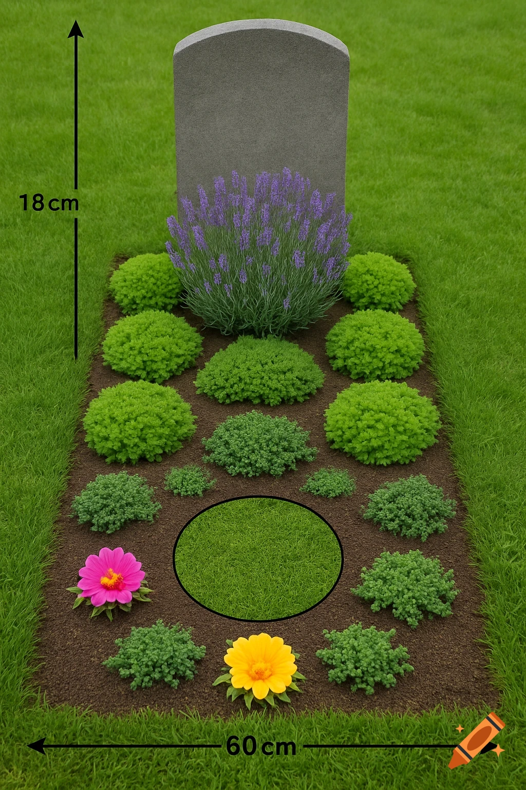 A small garden plot with a gray gravestone, lavender, green bushes, and two flowers, with measurement markings.