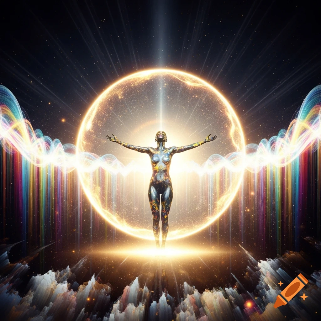 A radiant, stylized figure with arms outstretched stands before a glowing golden energy sphere in a starry cosmic void, surrounded by colorful light waves.