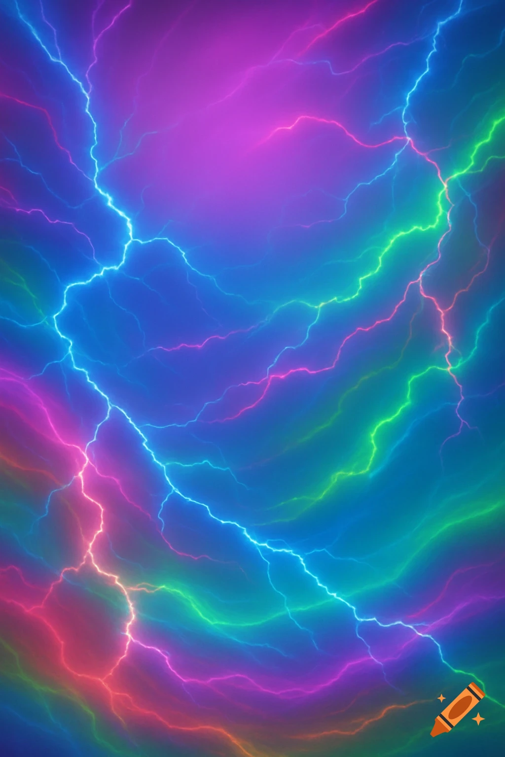 A vibrant abstract background with glowing neon lightning bolts in shades of blue, pink, green, and red against a gradient purple and blue sky.
