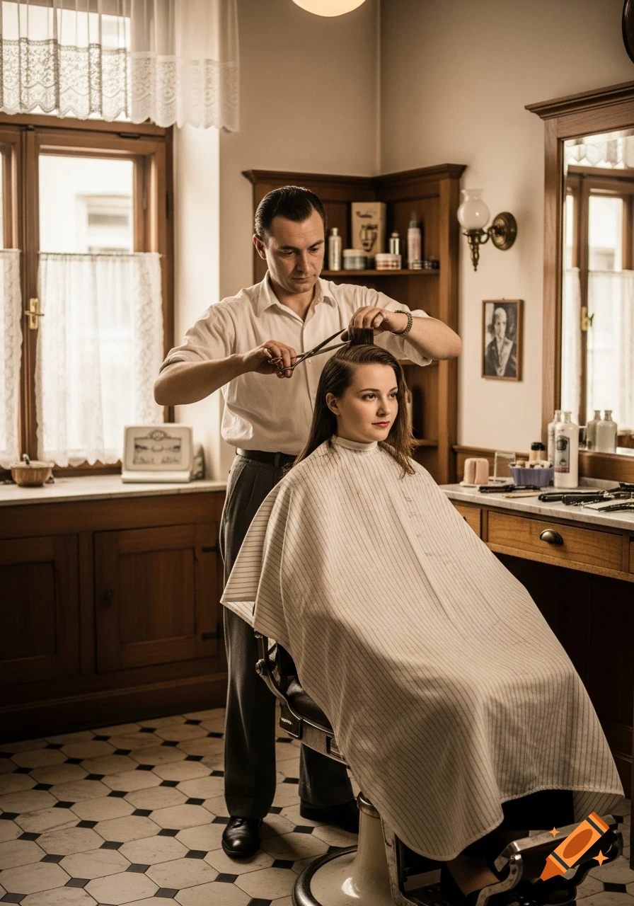 A barber in a vintage salon trims a woman's hair with scissors, featuring wooden cabinets and patterned floor.