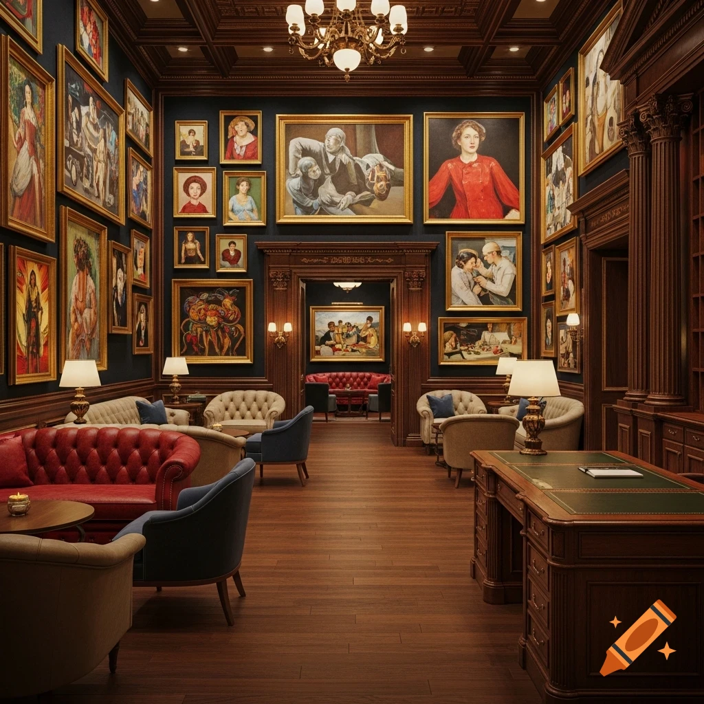 A luxurious, darkly paneled lounge filled with numerous framed paintings on the walls, plush sofas, armchairs, and a large wooden desk.